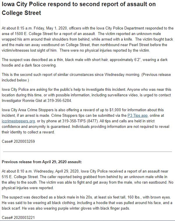 press release from ICPD about recent assaults